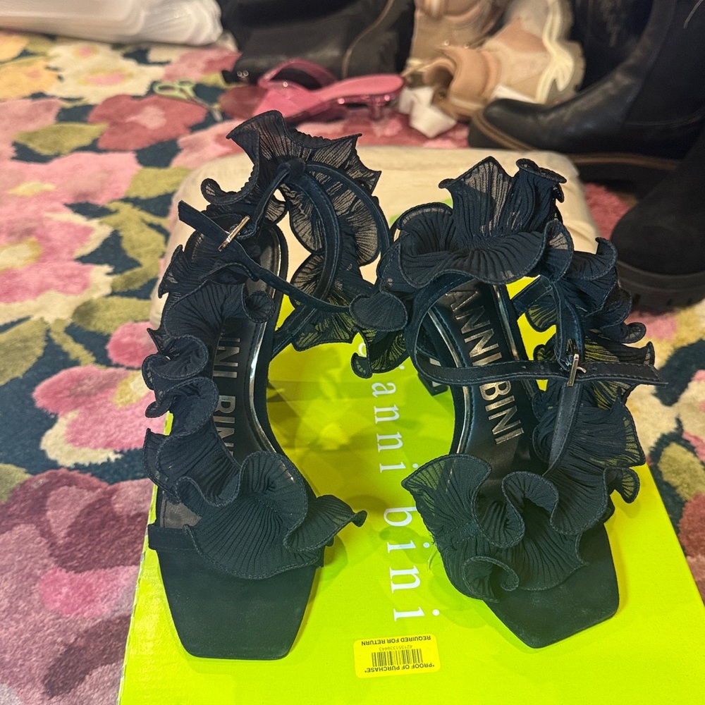 Gianni Bini Black Stiletto Heels with Ruffled Detail